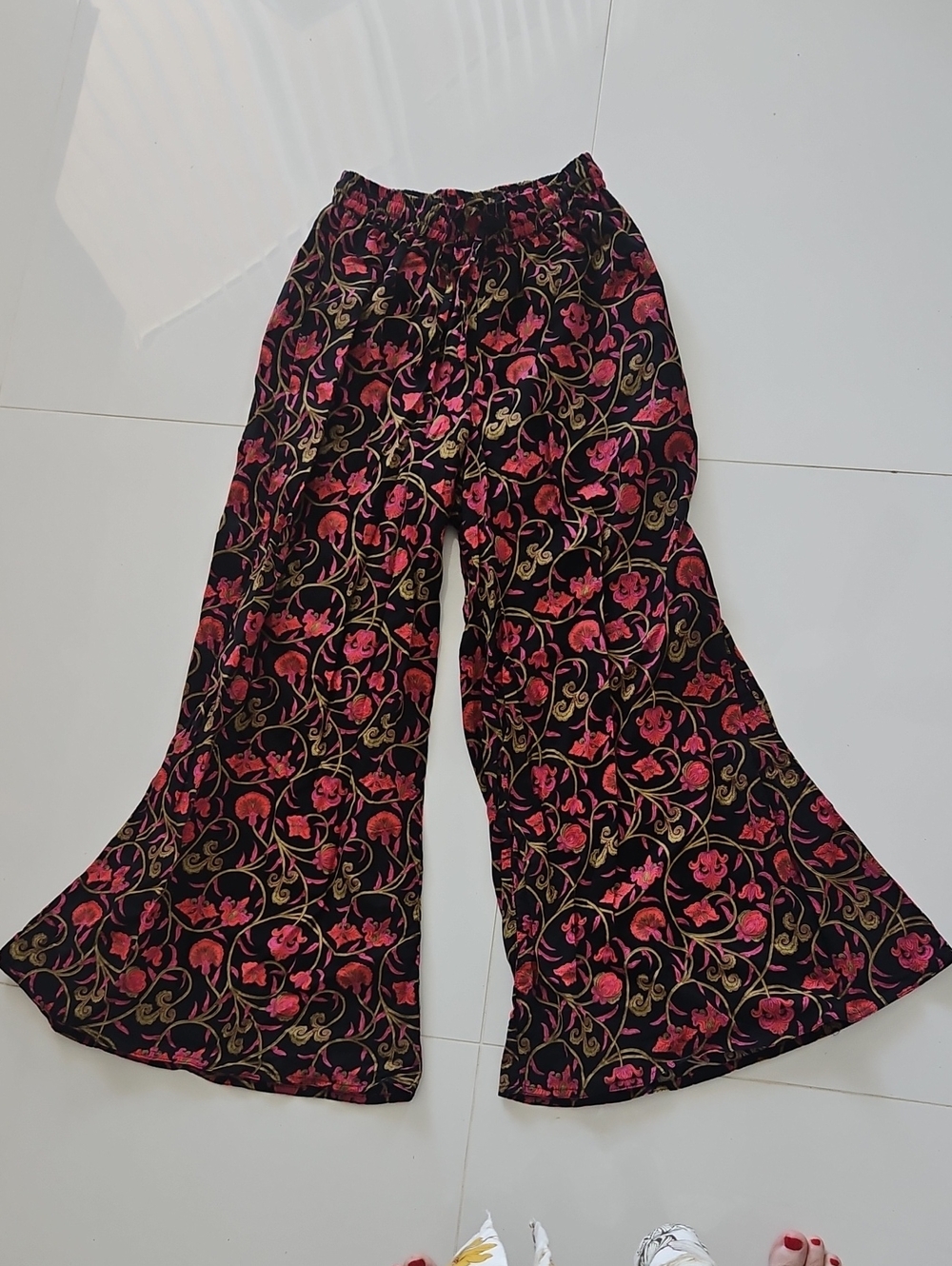 Wide-Leg Floral Palazzo Pants - Black with Pink & Green Print